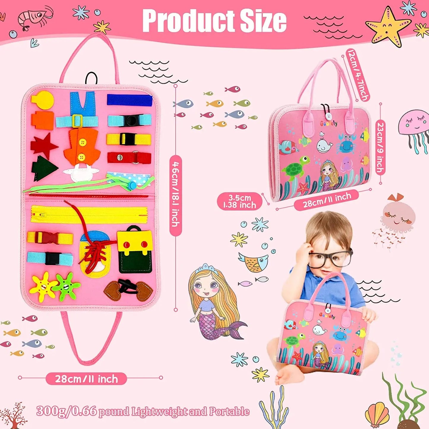 Toddler Montessori Busy Board for Ages 1 - 3 Busy Sensory Educational Toys Travel Toys - My Baby Pink and Blue