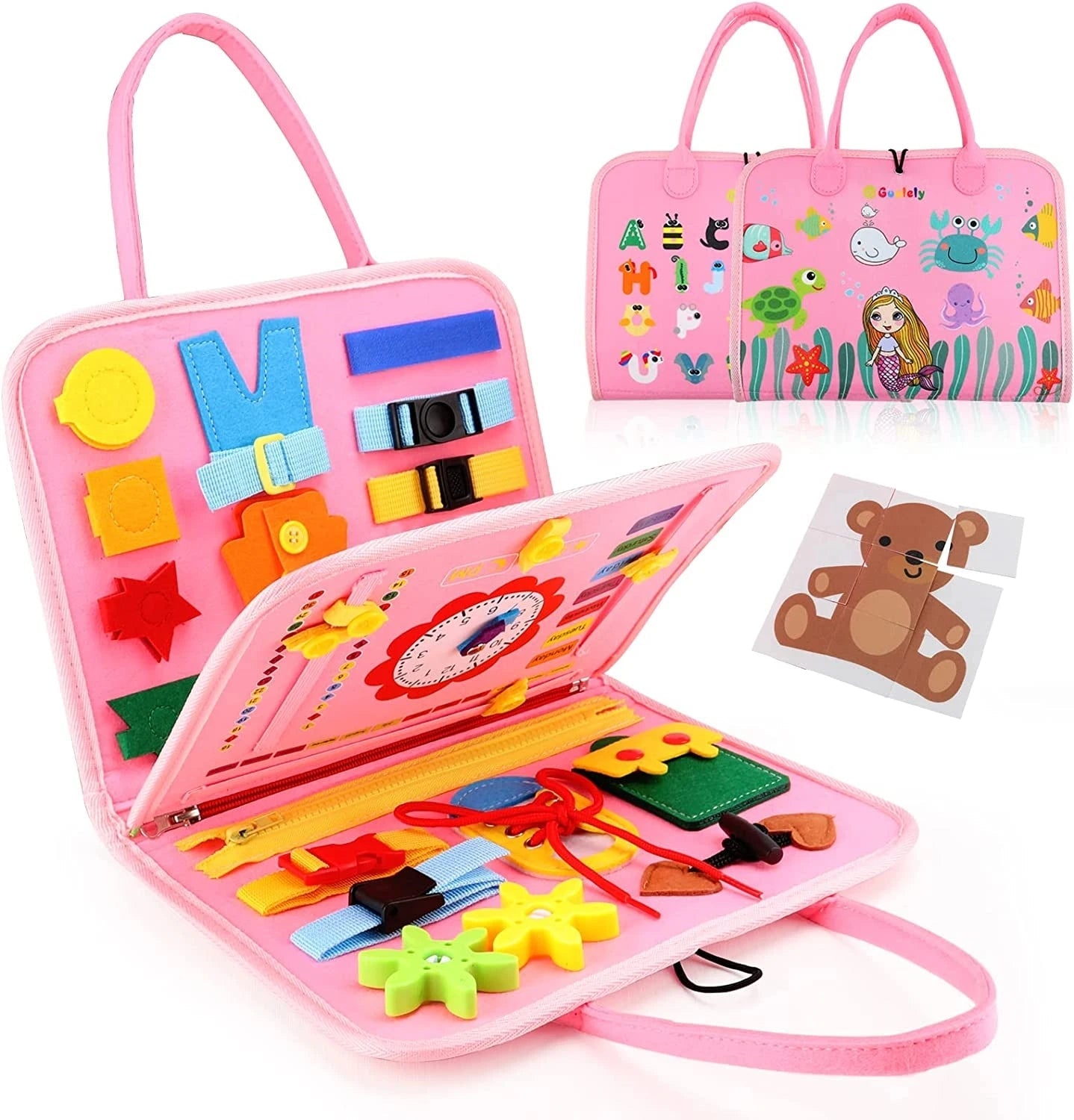 Toddler Montessori Busy Board for Ages 1 - 3 Busy Sensory Educational Toys Travel Toys - My Baby Pink and Blue